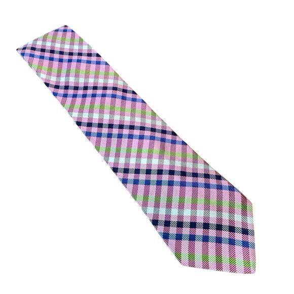 Hickey Freeman Silk Tie Men's | Pink Blue White Green Spring Check Hand Tailored - Picture 4 of 4